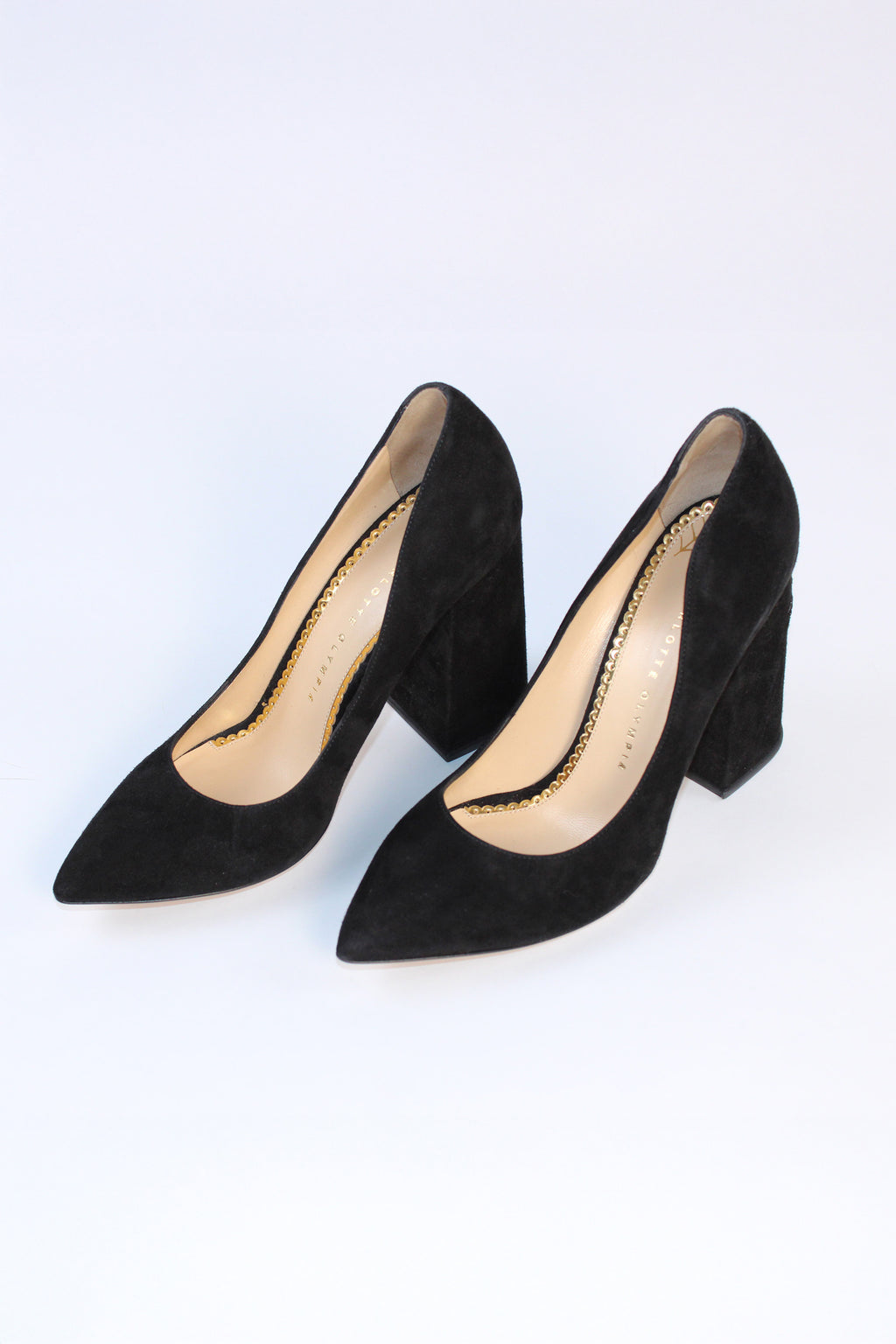 Charlotte Olympia Suede Block Heel Pumps