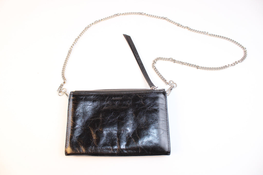ALLSAINTS Black Leather Chain Crossbody Clutch