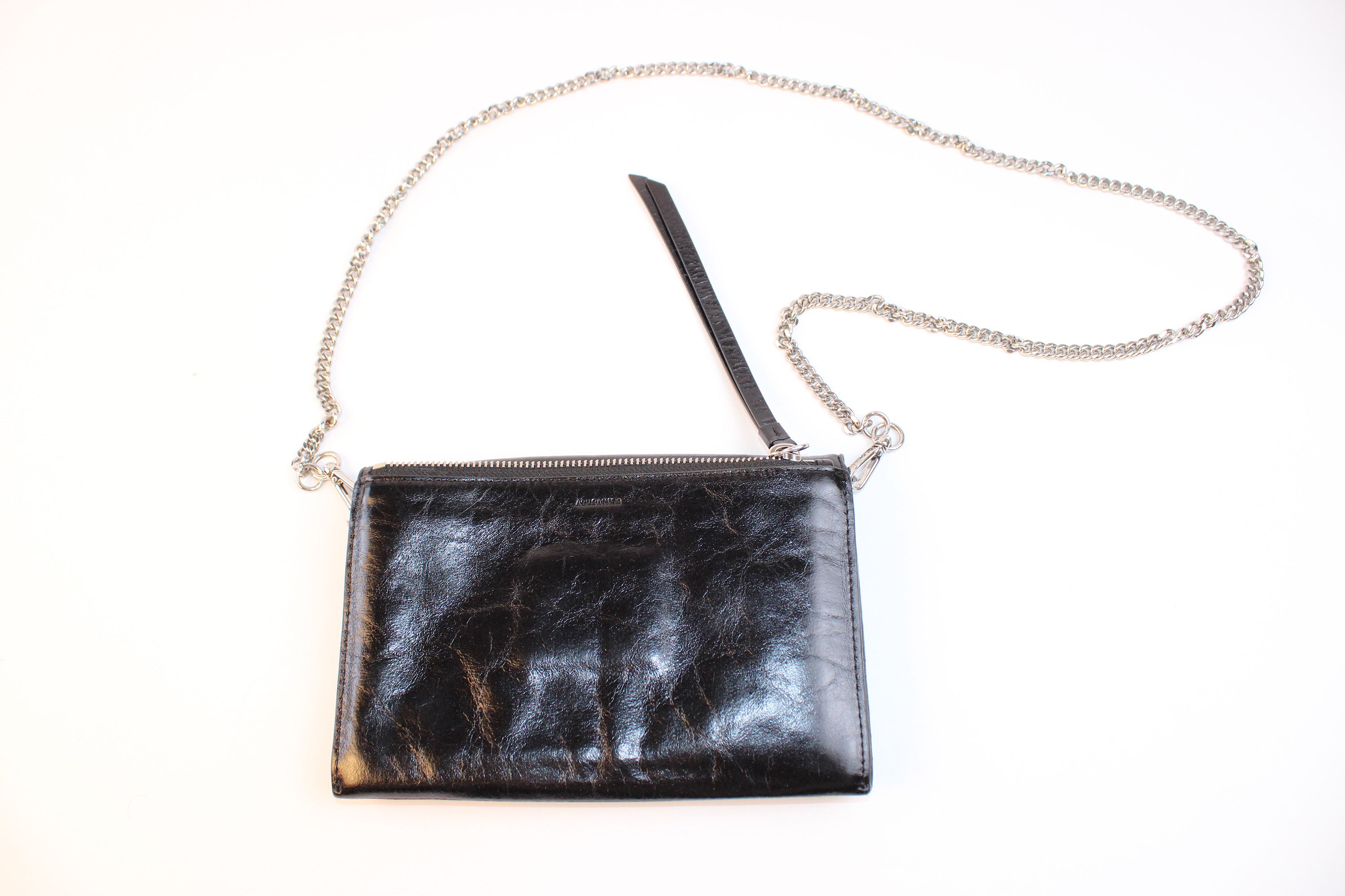ALLSAINTS Black Leather Chain Crossbody Clutch