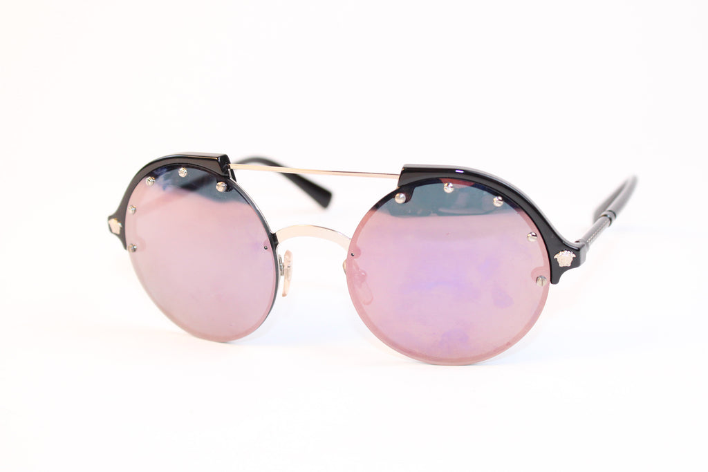Versace round studded rimless sunglasses with rose mirrored lenses and black metal frame