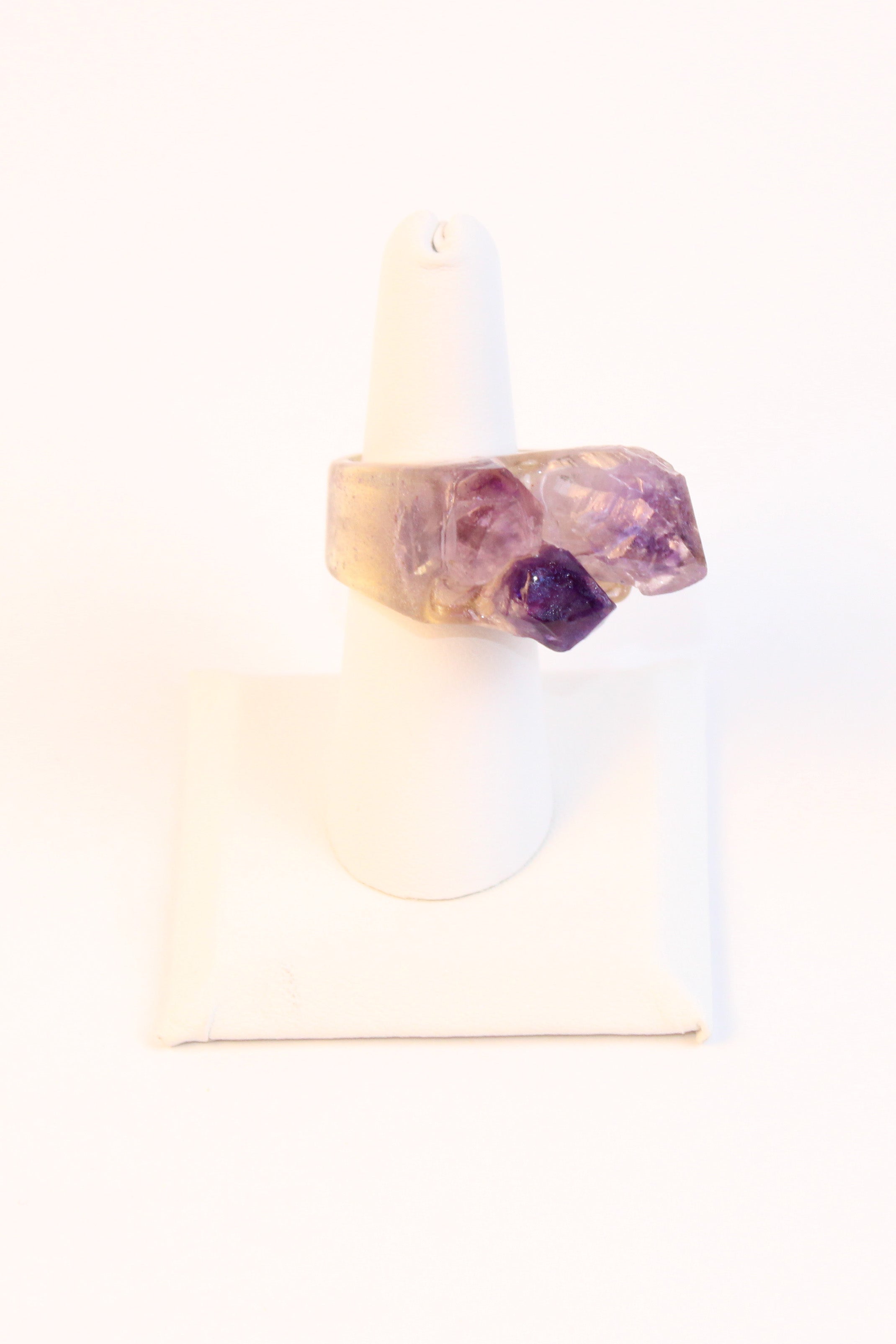 Gold tone ring with raw amethyst crystal cluster