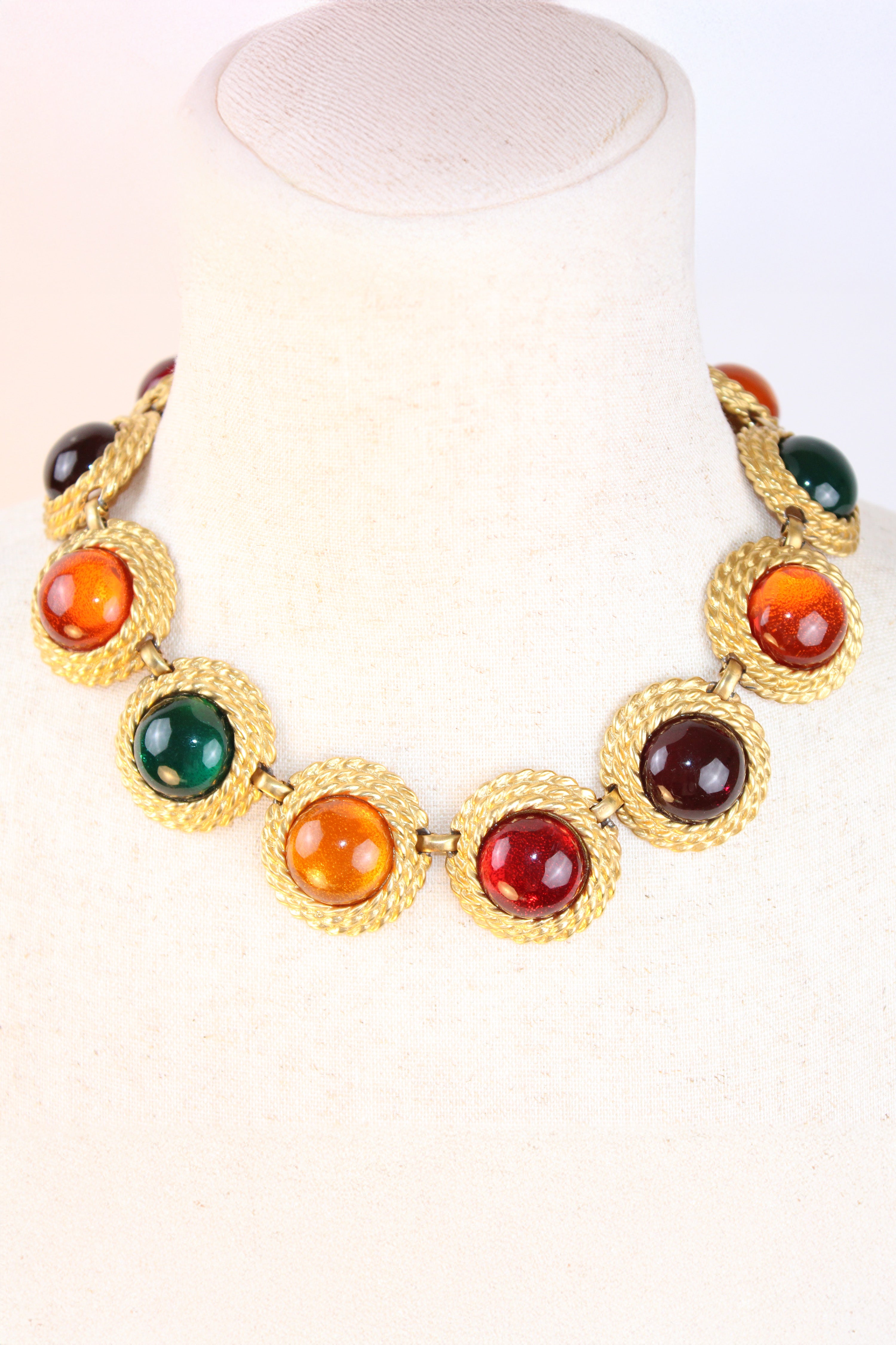Gold tone statement necklace with multicolor cabochon stones