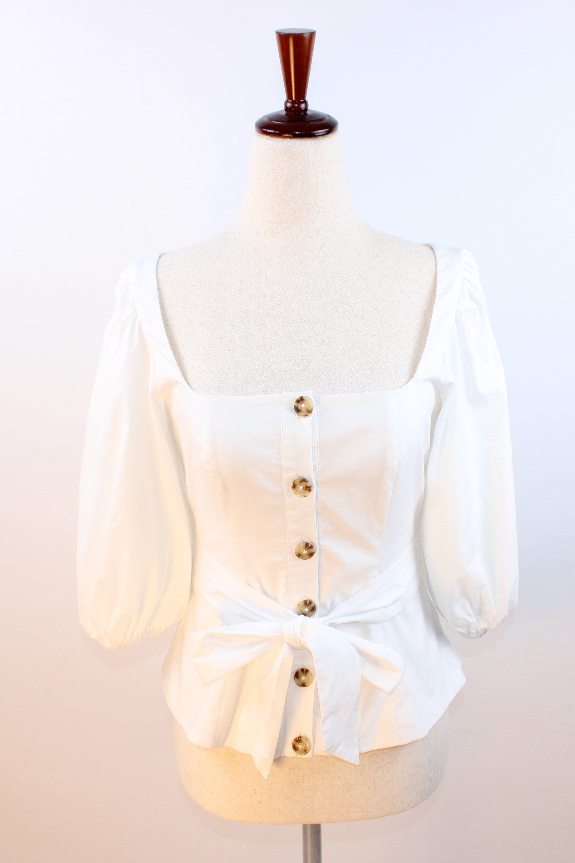LPA white puff sleeve blouse with square neckline and tie waist