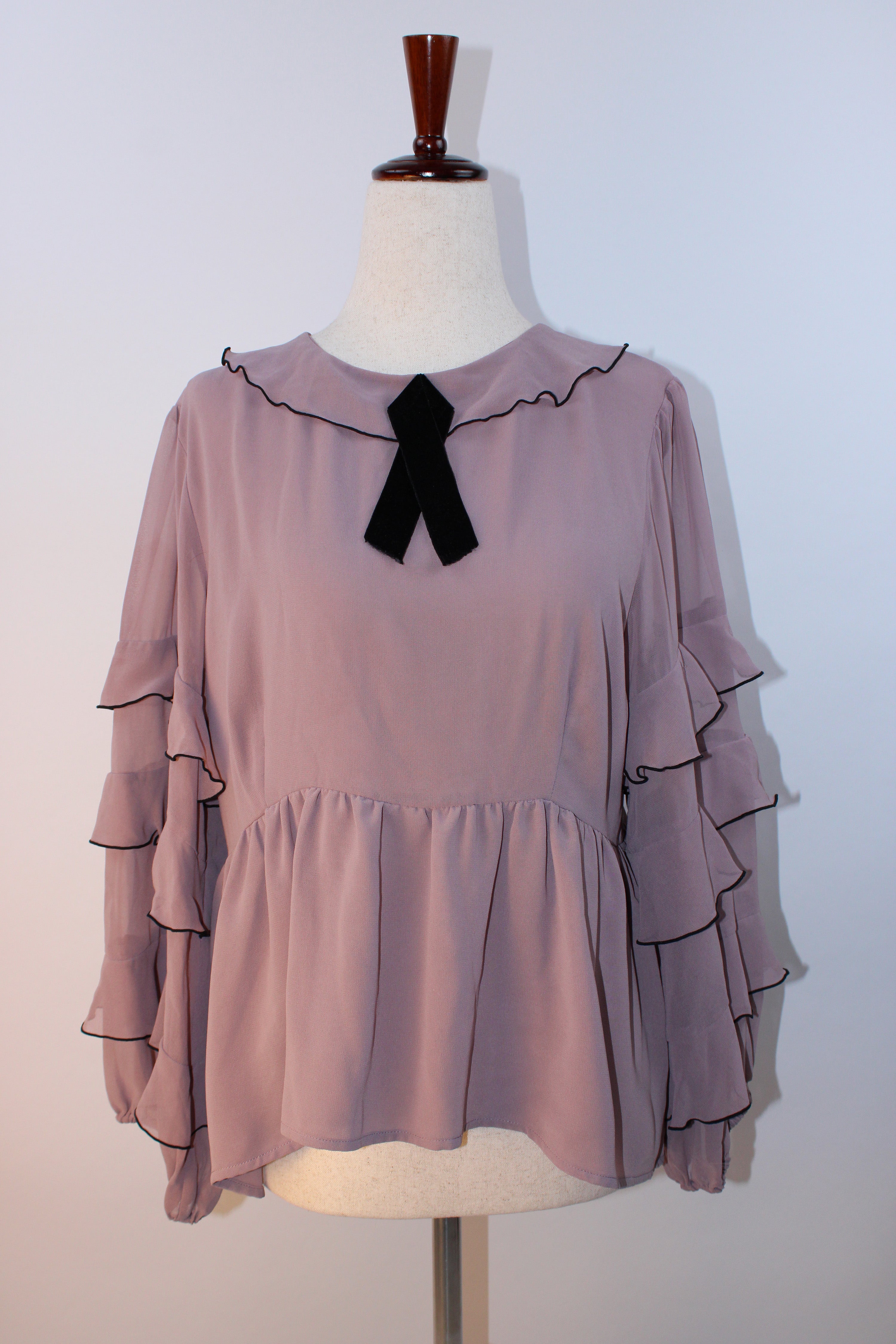 For Love and Lemons Souffle Top mauve chiffon blouse with tiered ruffle sleeves