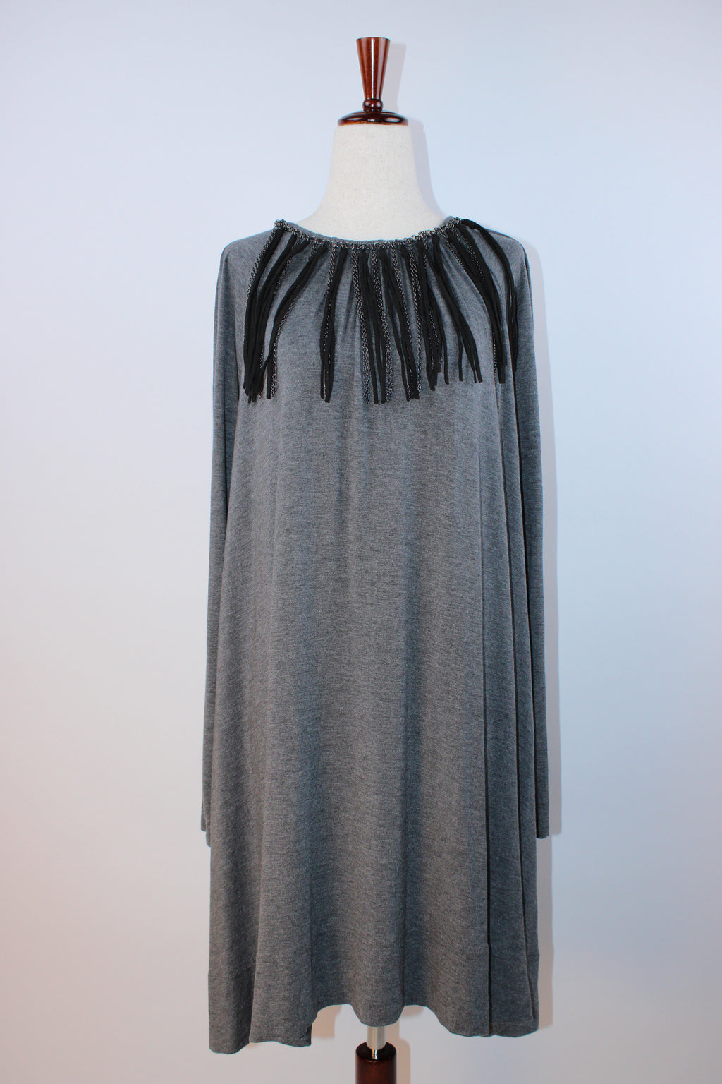 Faith Connexion gray knit dress with black fringe neckline detail