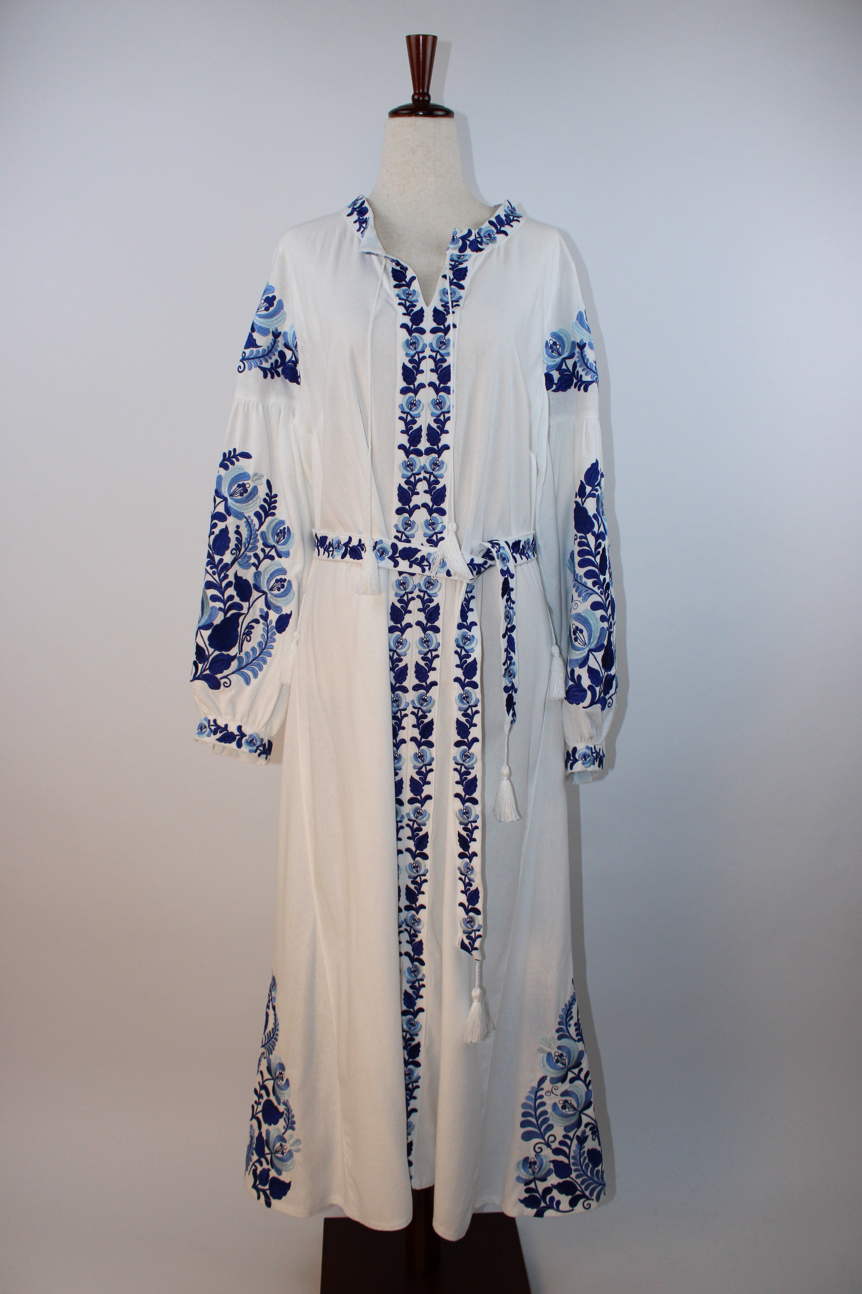 Motyv Ukrainian vyshyvanka white embroidered dress with blue floral embroidery