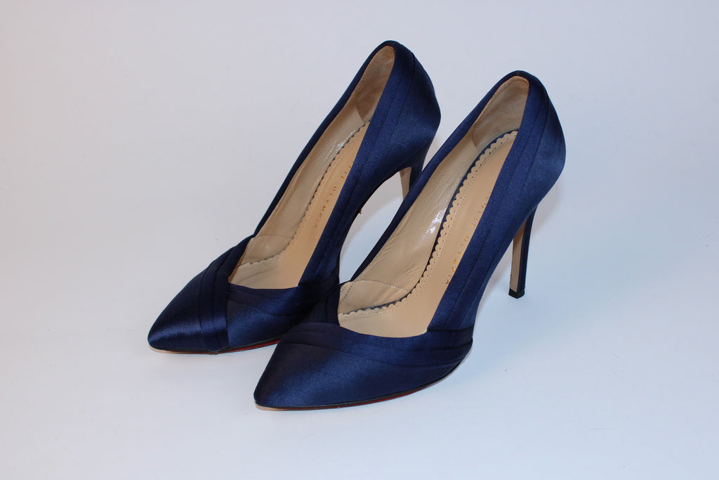 Charlotte Olympia navy satin pointed toe stiletto pumps
