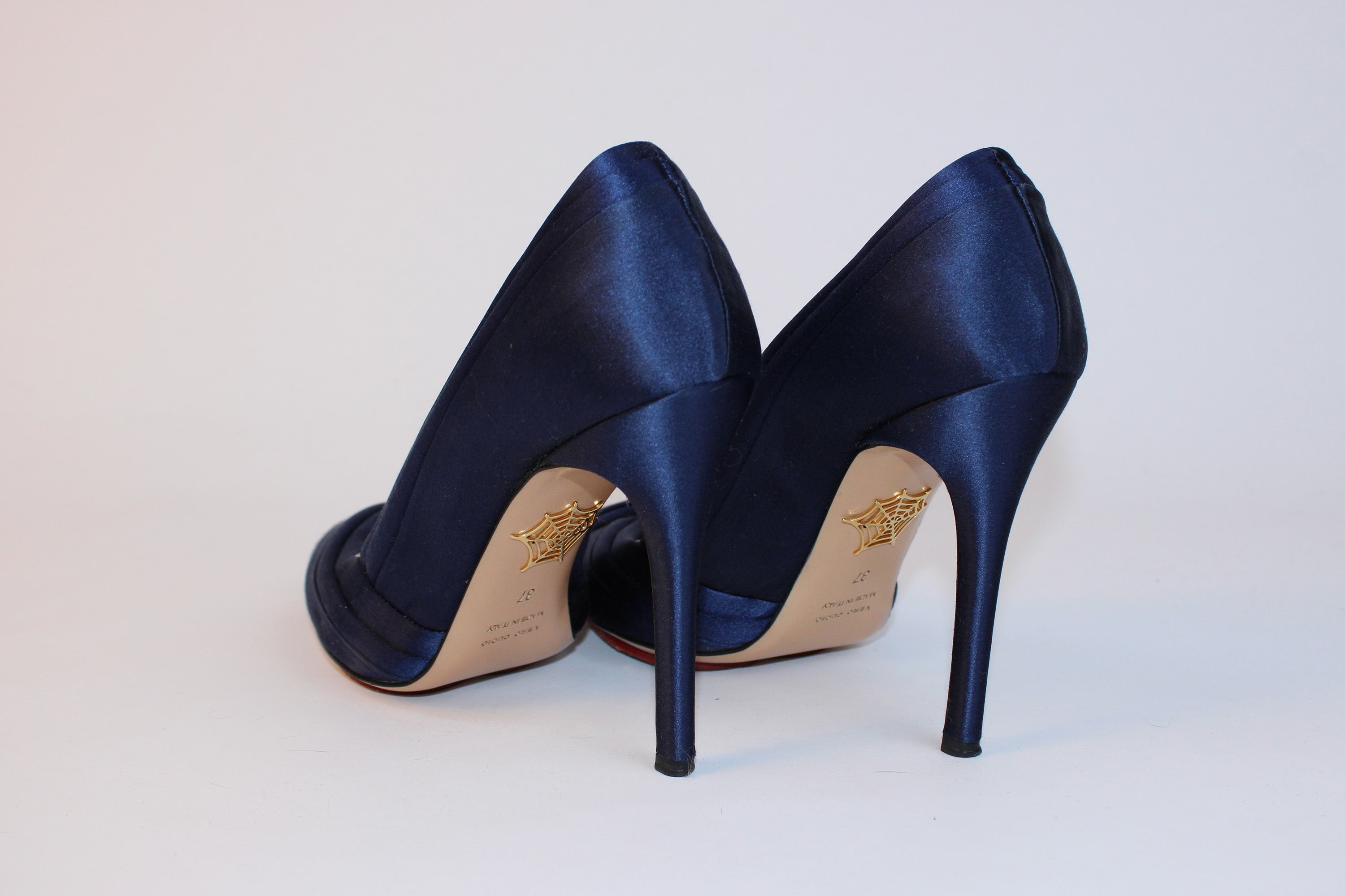 Charlotte Olympia Navy Satin Pointed Toe Pumps