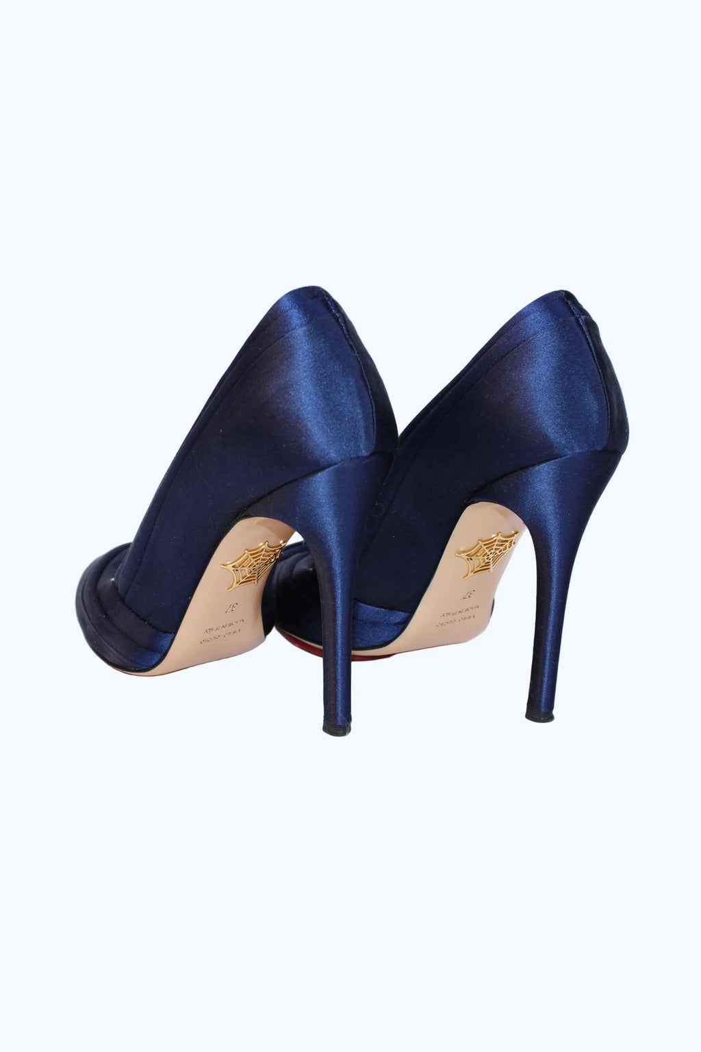 Charlotte Olympia Navy Satin Pointed Toe Pumps
