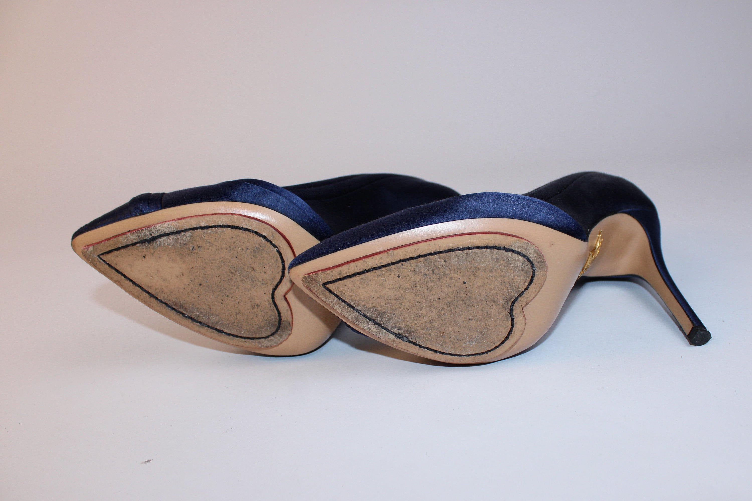 Charlotte Olympia Navy Satin Pointed Toe Pumps