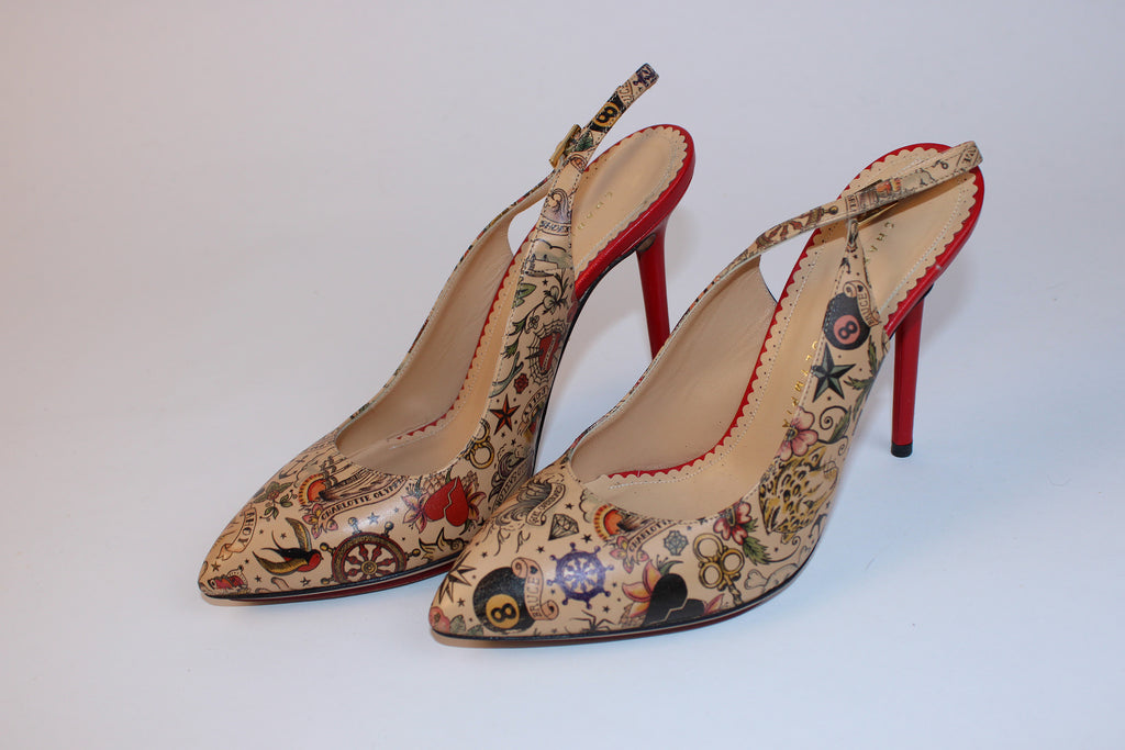 Charlotte Olympia tattoo print slingback stiletto pumps with red heels