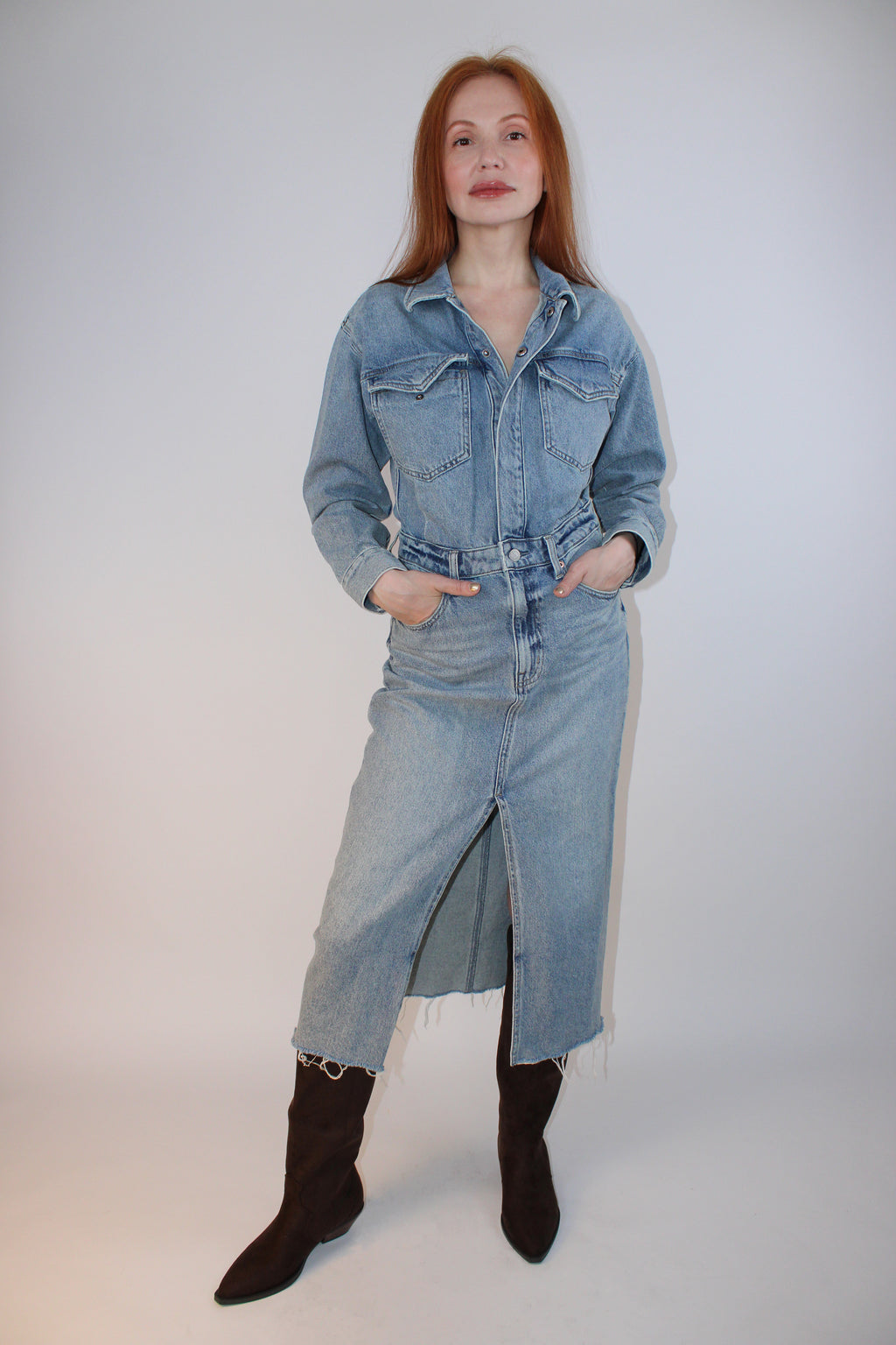 Pistola light wash denim utility midi dress