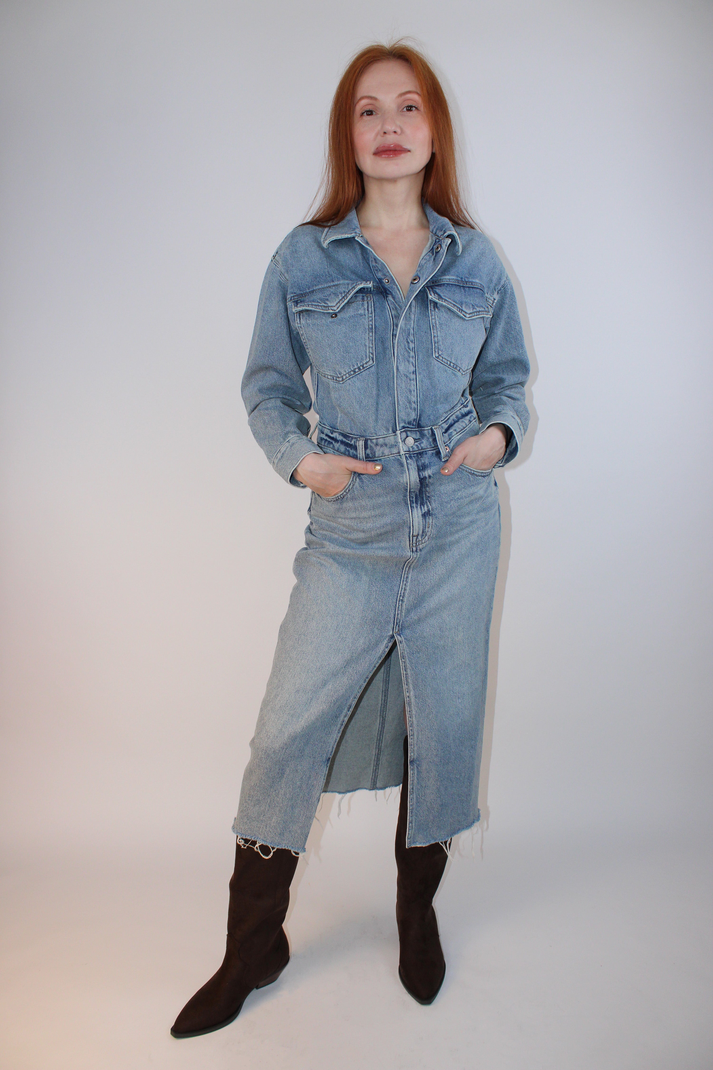 Pistola light wash denim utility midi dress