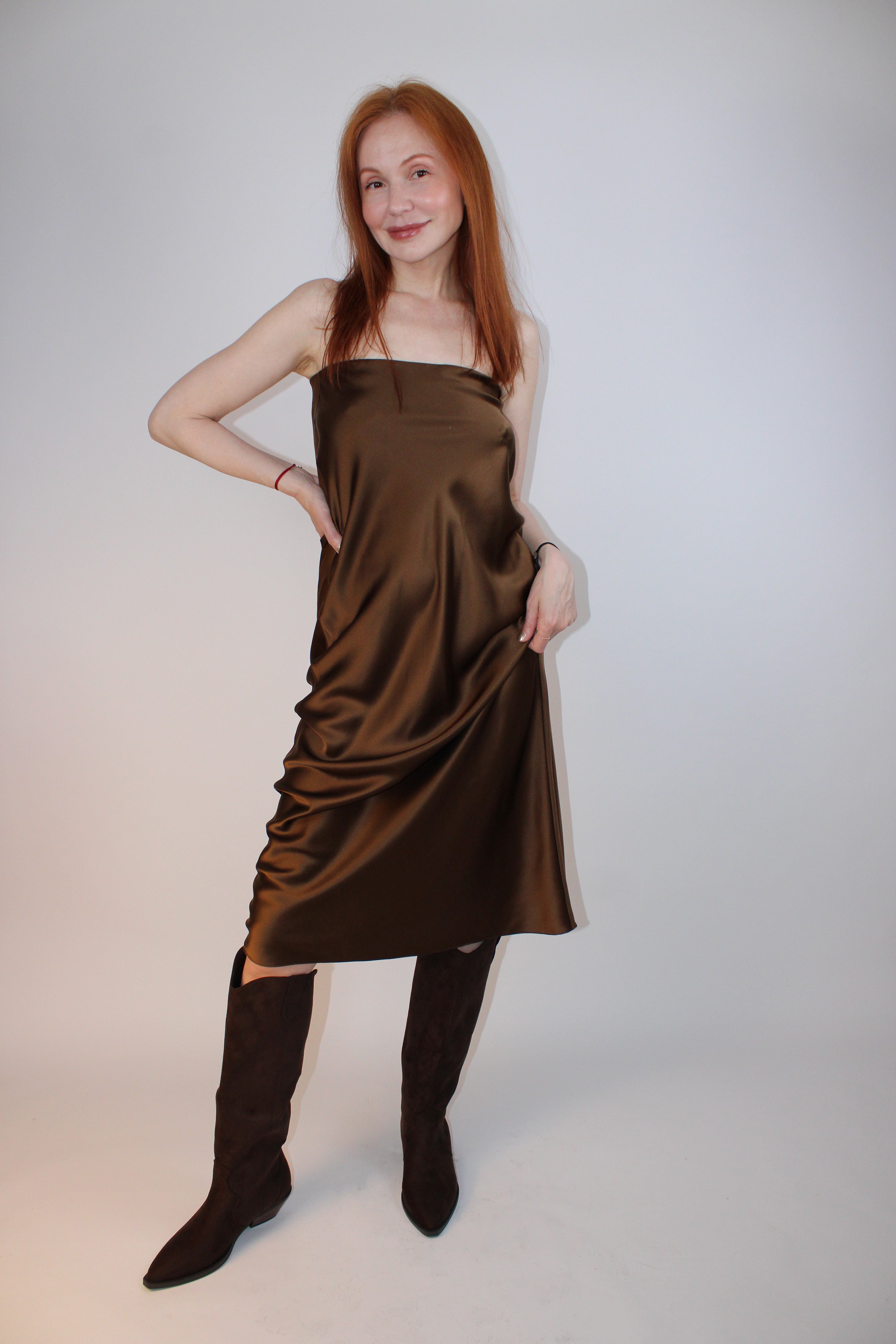 FRAME bronze satin slip skirt styled two ways
