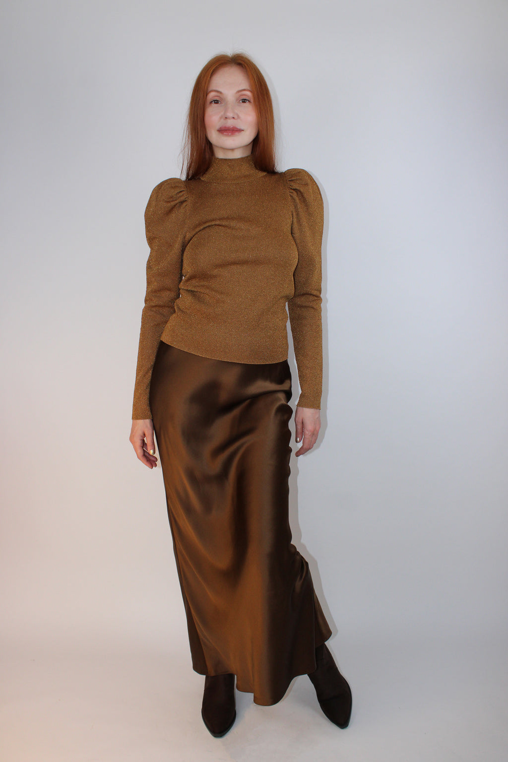 Alice + Olivia Gold Lurex Puff Sleeve Knit Top