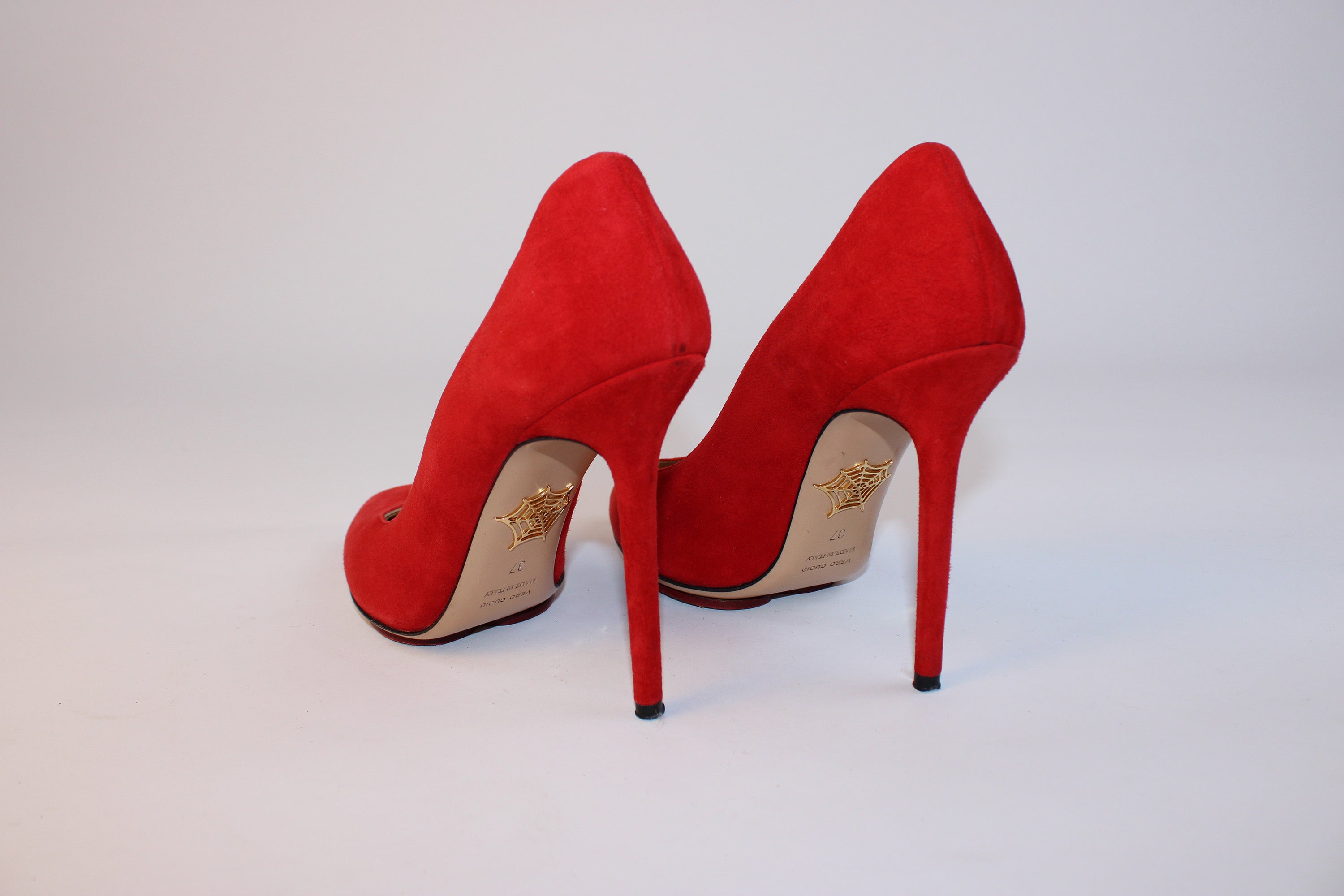 Charlotte Olympia Red Suede Heart Sole Pumps