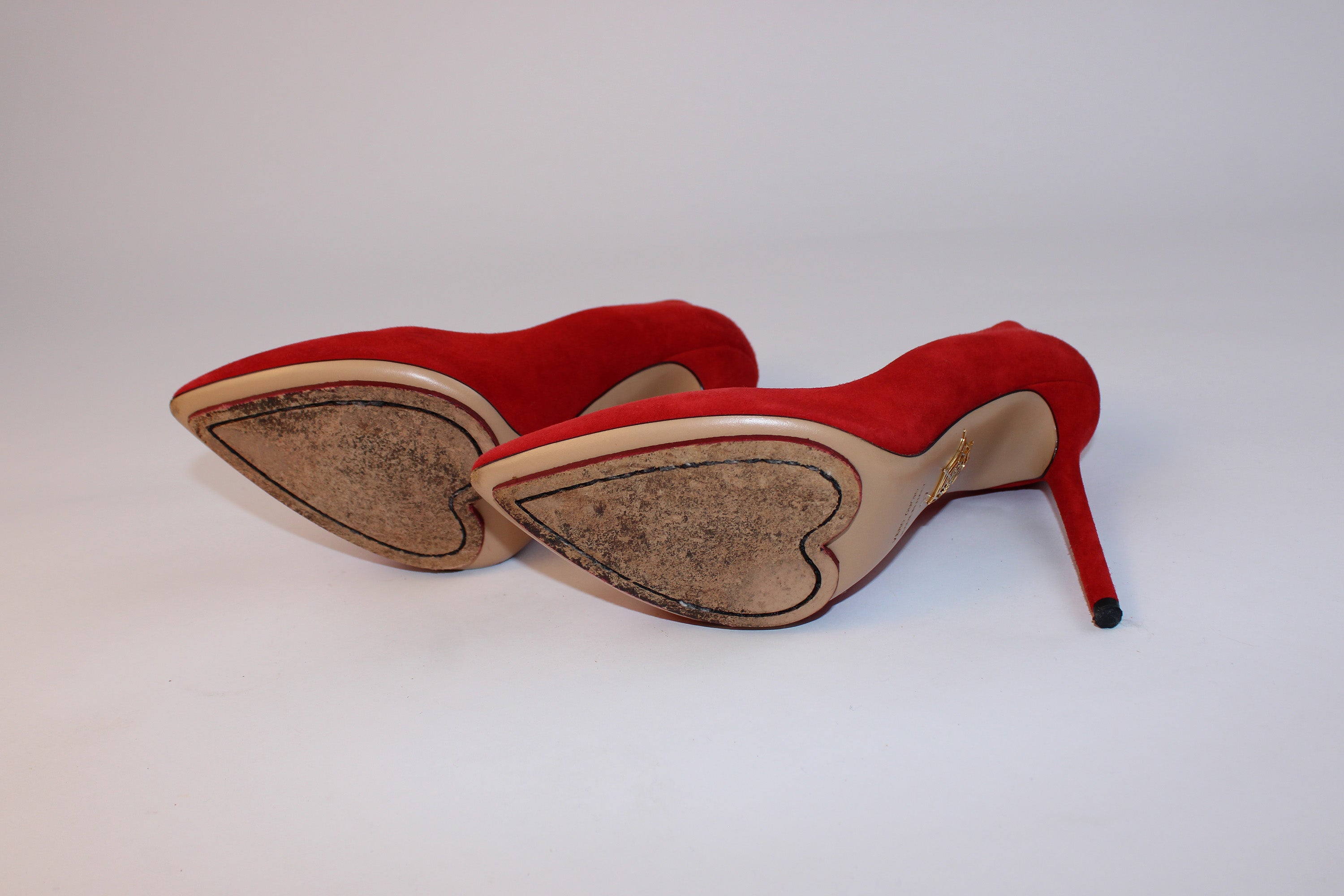 Charlotte Olympia Red Suede Heart Sole Pumps